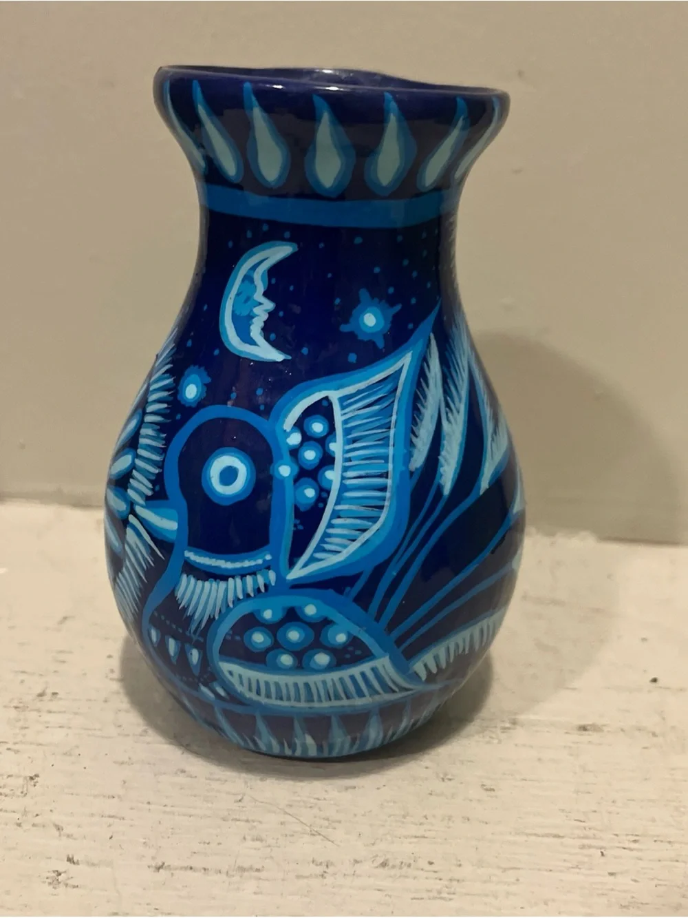 Mexican Hand-Painted Folk Art Red Clay Blue Floral Bud Vase 5”